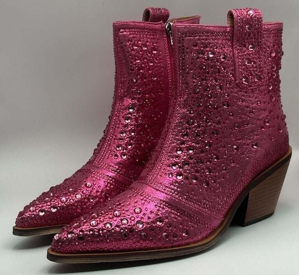 ISNOM Pink Rhinestone Sparkly Ankle Cowgirl Boots